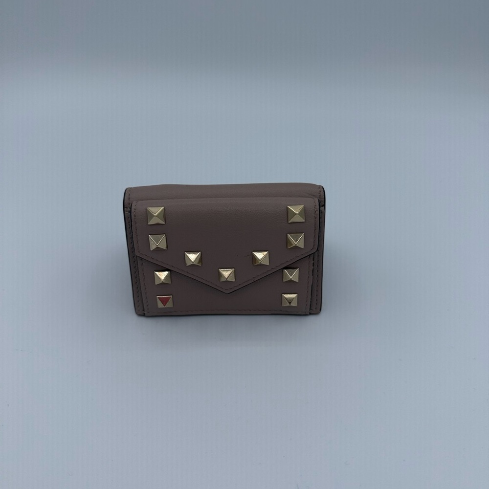 Valentino Garavani Taupe Leather Studded Mini Wallet